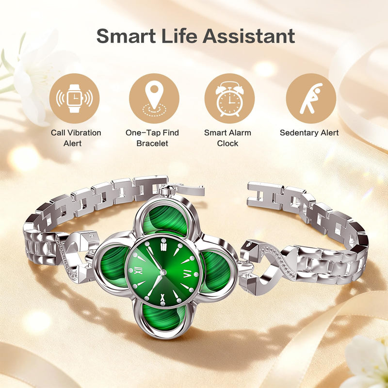 Green Lucky Clover Smart Bracelet with Quartz Clock - 24/7 Health Monitor Track Heart Rate Blood Oxygen Sleep Stress, Fitness Tracker IP68 Waterproof for Women Men, Compatible with Android iOS Phone