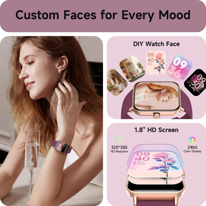 aeac Smart Watches for Women Answer/Make Calls, AI Alexa Built-in, 1.8" Touch Screen Fitness Watch with Android & iPhone, IP68 Waterproof Heart Rate/Sleep/SpO2 Monitor, Pedometer, 120+ Sport Mode Deep Purple