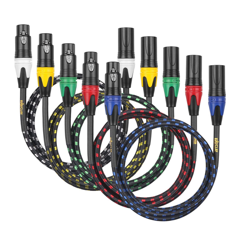 (5-Pack 3-Pin XLR Male to Female Cable, 22AWG, 3FT, Shielded - Black Zinc Alloy Shell with Multi-Color Braided Design - Pro Grade for Studio & Live Performance