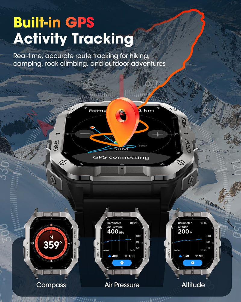 Military Smart Watches Built-in GPS, Bluetooth Call 2.02'' Smart Watches for Men, Heart Rate Monitor, Sleep Monitor, 2 ATM Waterproof, 100+ Sports Modes for Android iPhone grey Min:190mm Max:250mm