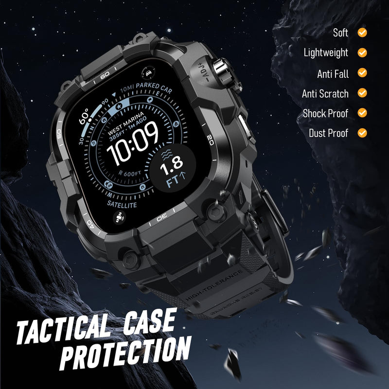 BXUXOHS Rugged Case and Band for Apple Watch Ultra 3/2/1 49mm Men, Military Grade Shockproof Bumper Cover, with 2 Pack Screen Protector, Tactical Band Case for iWatch Ultra 3 2 1 Man, Black 01-Pure Black 49mm - Ultra 3/Ultra 2/Ultra