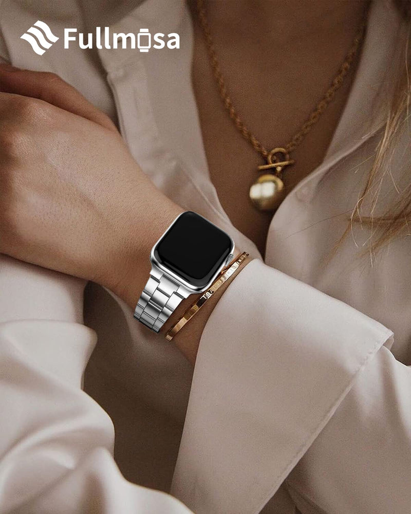 ullmosa Compatible Stainless Steel Apple Watch Band 44mm/45mm/42mm Golden with Case & Compatible Metal No tool needed Apple Watch Band with Case 44mm/45mm/42mm,Silver