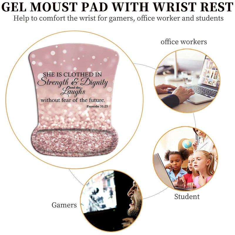 Ergonomic Mouse Pad Wrist Support Gel and Keyboard Wrist Rest Set Proverbs 31:25,Bible Verse Pink Glitter Design for Laptop, Mac, Gaming and Office, Durable, Comfortable and Pain Relief + Coaster Yu-mousepad-2-3