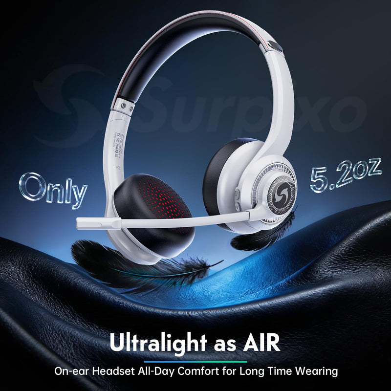 [AUSTRALIA] - Wireless Headsets with Mic for Work, Wireless Headset for Cell Phones, Ultra Lightweight& 50+ Playtime, On Ear Bluetooth Headphone Fit for PC/Call Center/Computer/Laptop/Teams - White 