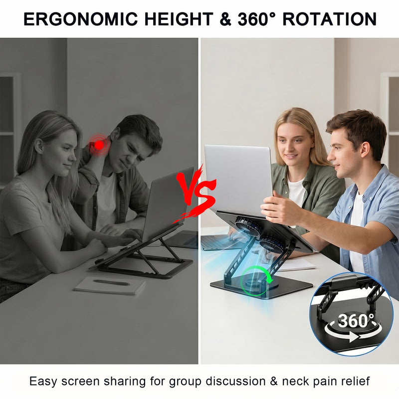 Laptop Stand with Cooling Fan, 360° Rotating Base Aluminum Laptop Riser, Foldable Ergonomic Computer Stand for Desk, Height Adjustable Notebook & All Laptops Up to 17.3" (Black) Black
