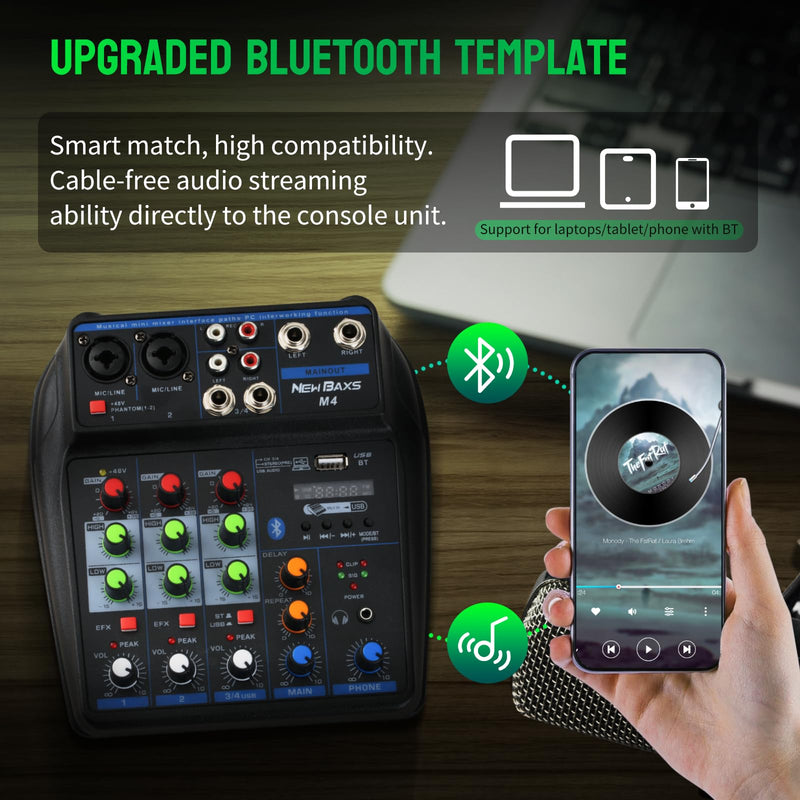 DJ Audio Mixer, DJ Mixers 4 Channel Sound Board with Bluetooth, NEW BAXS Sound Mixer Board XRL/1/4" Interface, USB/MP3 Computer Input 48V Phantom Power Stereo DJ Studio Streaming KTV Stage