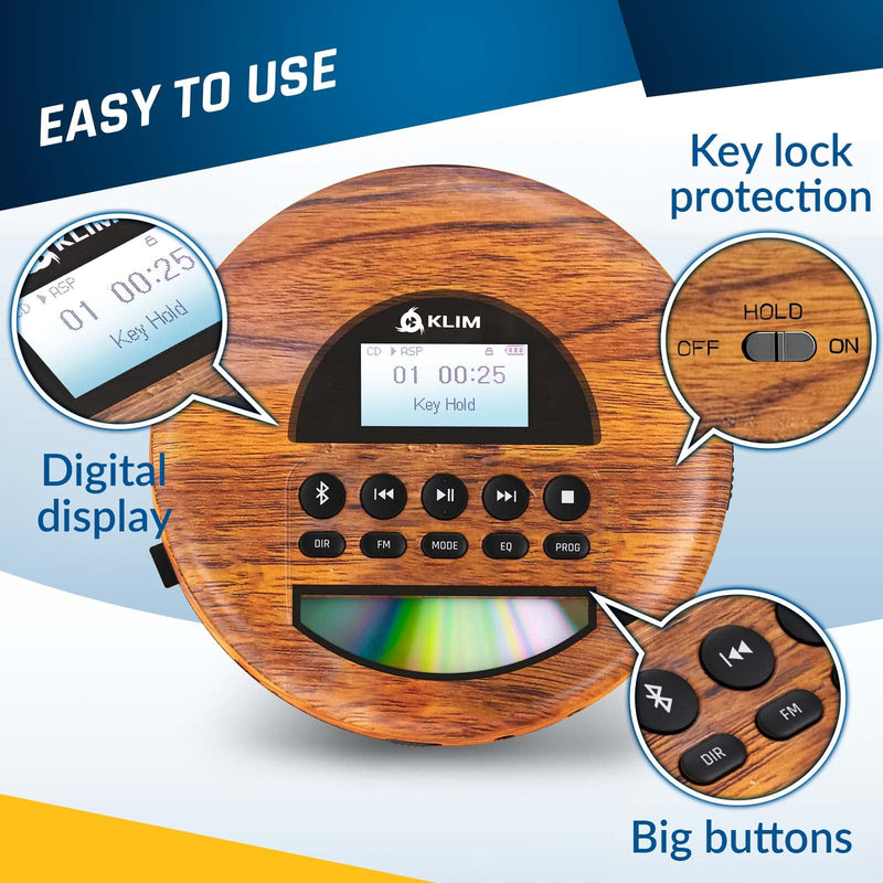 KLIM Nomad Wood - New 2024 - Portable CD Player Walkman - Long-Lasting Battery - Includes Headphones - Radio FM - Compatible MP3 CD Player Portable - TF Card Radio FM Bluetooth - Ideal for Cars