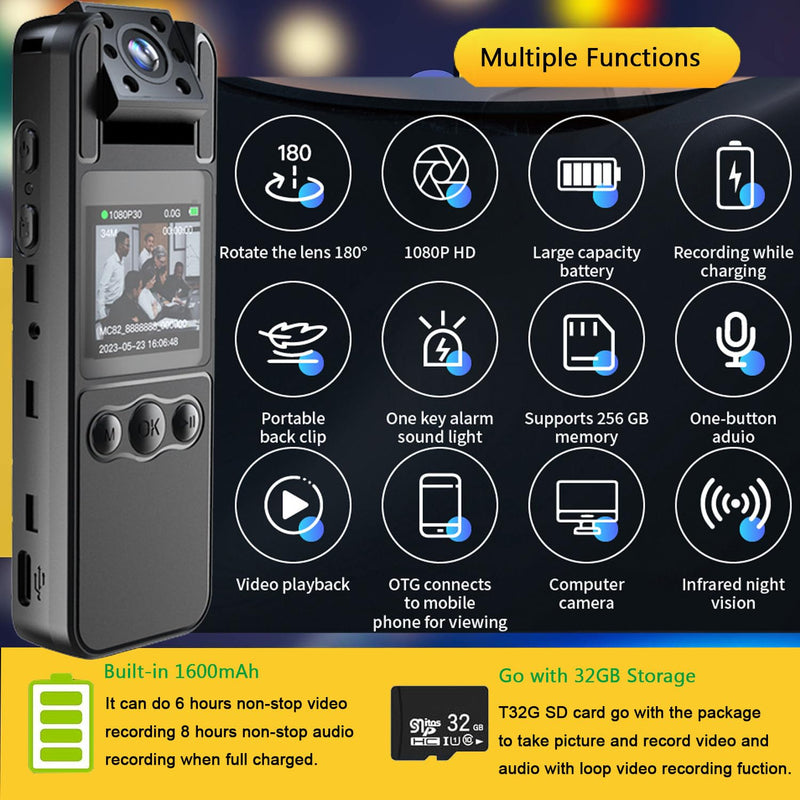 [AUSTRALIA] - Body Camera with Audio and Video Recording, HD 1080P Body Cam with 180° Rotating Lens, 6HR Battery, Night Vision, 32GB Body Worn Camcorder, for Personal Civilians, Police Law Enforcement 