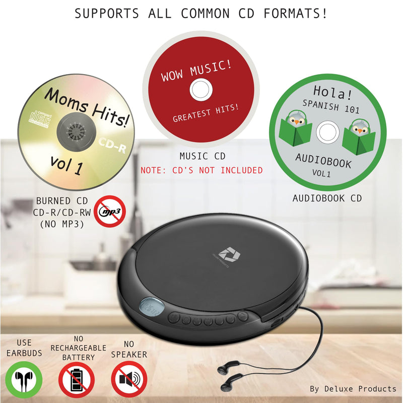 Deluxe Products CD Player Portable with 60 Second Anti Skip, Stereo Earbuds, Includes Aux in Cable and AC USB Power Cable for use at Home or in Car Black_CD