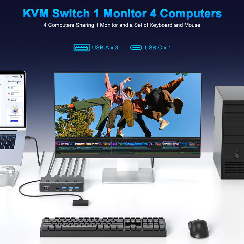 5G USB3.0 HDMI KVM Switch 4 Computers 1 Monitor, KVM Switch 4 Port,8K60Hz | with 3 USB3.0 and 1 USBC Ports Share Monitor Keyboard Mouse Printer, with 4 USB 3.0 Cables and Extended Controller Gray 13.5 cm 8K 4 PC 1 Monitors