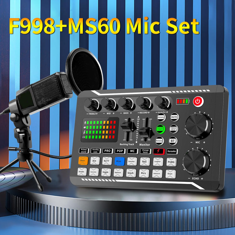 F998+MS60 Podcast Equipment Bundle,Condenser Mic Recording Studio,Streaming Podcast Mic Starter Kit with Voice Changer, Live Sound Card Audio Interface for Computer Vlog Living for YouTube TikTok