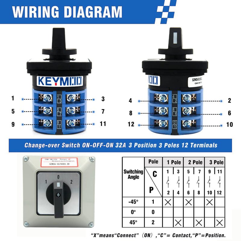 32A Rotary Changeover Switch With Exterior Box, 3 Position 3 Phase 12 Terminals, 2-Way 3NO 3NC Universal Selector, Cam Switch Box IP65, CE (30 Amp.)
