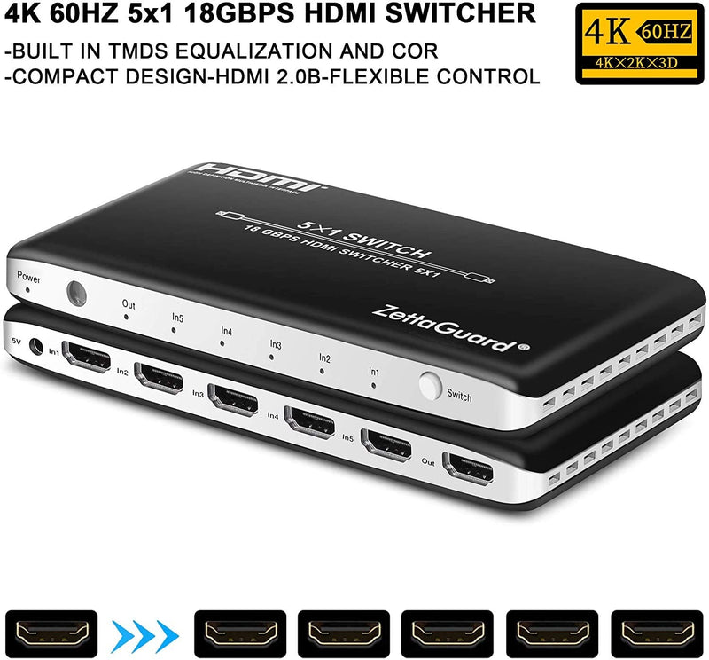 [AUSTRALIA] - 4K 60Hz 5 Port 5 x 1 HDMI Switch with IR Remote Control HDMI 2.0 Switcher Support 18Gbps 4K x 2K 3D HDCP 2.2 HDMI Splitter Hub Port Switches for PS4 Xbox Apple TV Fire Stick Blu-Ray Player 5 In 1 Out 