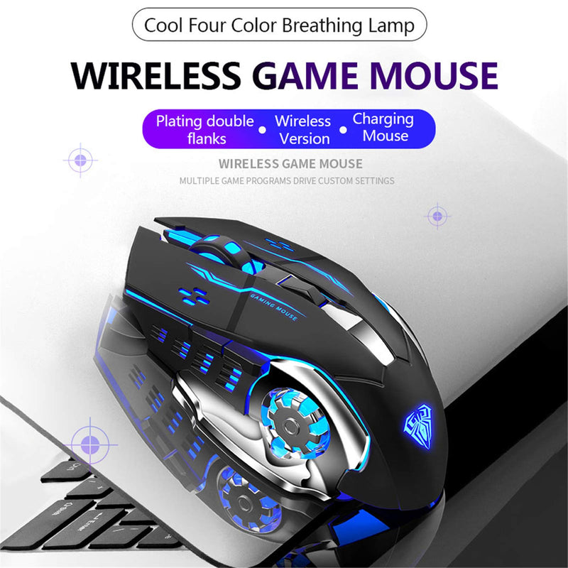 AULA SC100 LED Gaming Mouse Wireless, with Side Buttons, USB Receiver, 2.4G Cordless Programmable Rechargeable Office/Games Computer Mice, Black