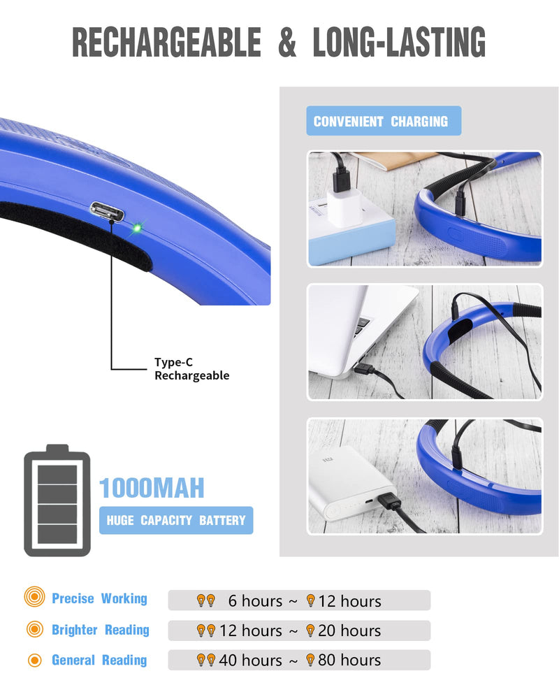 Glocusent LED Neck Reading Light, Book Light for Reading in Bed, 3 Colors, 6 Brightness Levels, Bendable Arms, Rechargeable, Long Lasting, Perfect for Reading, Knitting, Camping, Repairing Light Blue