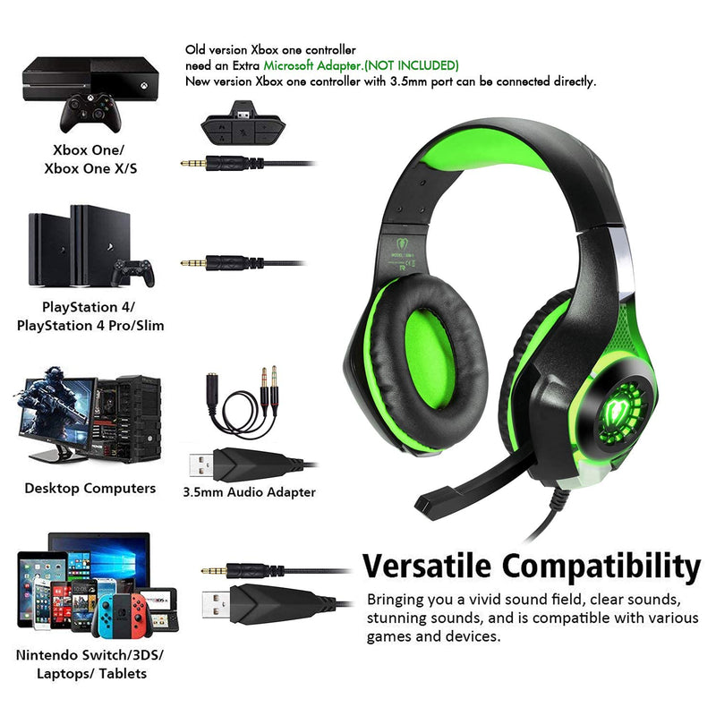 BlueFire 3.5mm PS4 Gaming Headset Headphone with Microphone and LED Light Compatible with Playstation 4, PS5, Xbox one, PC (Green) Green
