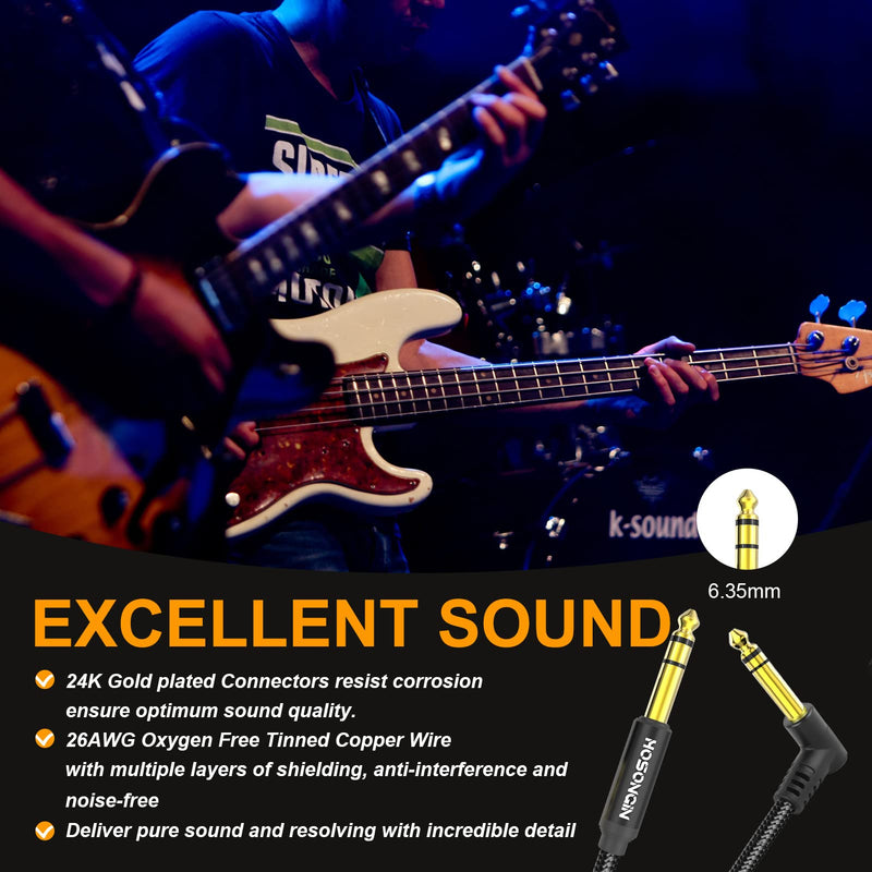 HOSONGIN 1/4 Inch TRS Instrument Cable 3.3 feet 2-Pack, Straight-to-Right Angle 6.35mm Male Stereo Audio Cord, Balanced Interconnect Line for Electric Guitar, Bass, Keyboard, Mixer, Amplifier, Speaker 1/4" TRS Stereo Cable