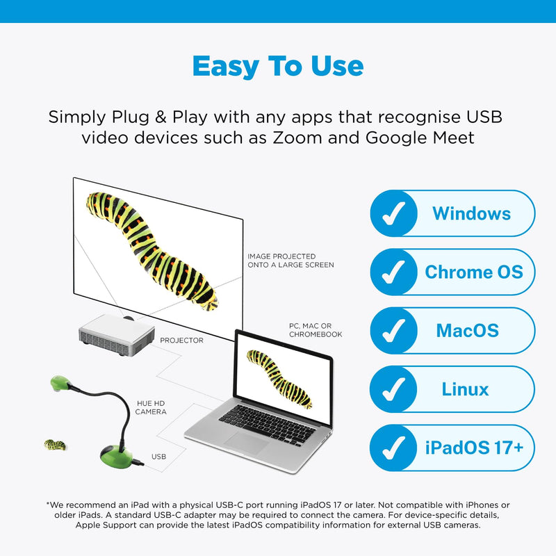 HUE HD Portable USB Camera for Video Conferencing or Classroom Use, Green | 720p Flexible Visualizer, Teaching/Streaming, Built-in Microphone, Carry Case, Windows/ChromeOS/MacOS/iPadOS 17+ Compatible Green Camera with Carry Case