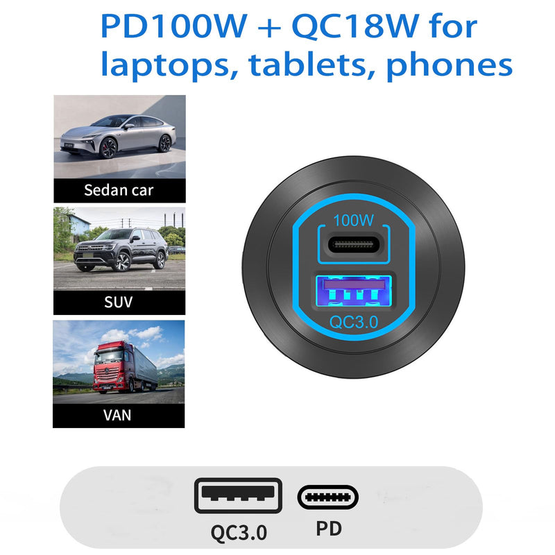 2 Pack 12 Volt USB Outlet PD 100W USB C and QC3.0 18W Port Aluminum Car Charger Socket for Laptops Tablets Phones, Cigarette Lighter Replacement Car Accessories DIY for RV Camper Truck Boat Golf