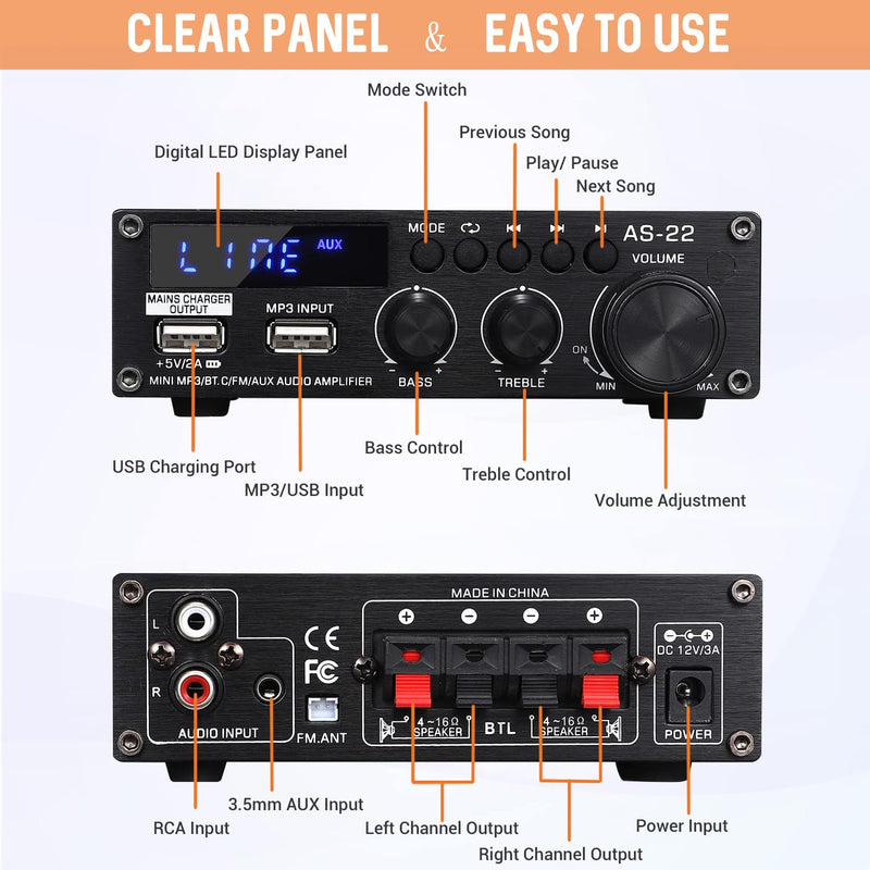 Sunbuck Mini Amplifier, Stereo Receivers for Home Stereo System, 2 Channel Stereo Amplifier with RCA/USB/FM, Bluetooth Receiver Amplifier, Home Theater 300Wx2, Mini Amplifier for Speakers, AS-22BU Mini Size-300W