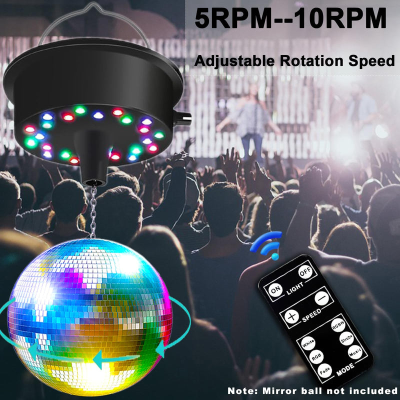 Mirrors Ball Motor with Remote, 5-10 RPM Adjustable Spinner with 23 RGBW LED Rotator with Multi Light Mode and Sound Control for 6 to 12 Inch Mirror Ball(Not Included)