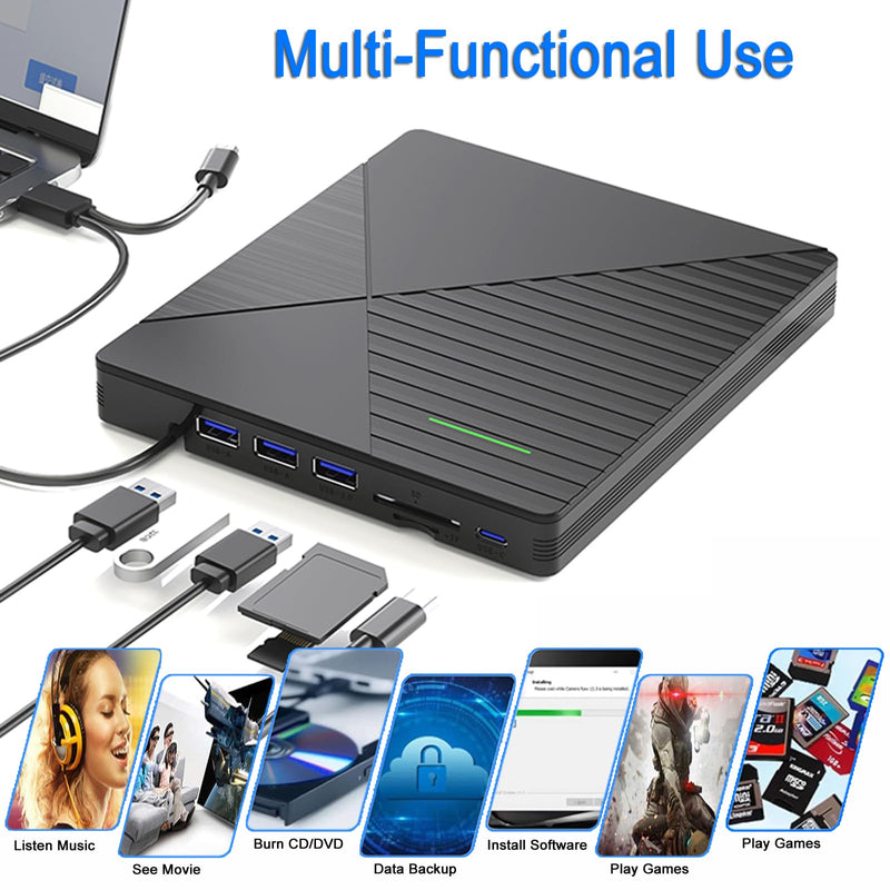 External CD DVD Drive for Laptop Mac with 3 USB Ports and 2 TF/SD Card Slots,USB 3.0 & USB-C CD DVD Optical Disc Reader Burner Player for MacBook Pro Air iMac Laptop PC Windows 11/10/8/7 Linux Mac OS