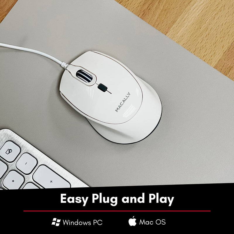 Macally USB Wired Mouse for Mac or PC - Comfortable, Smooth, and Quiet - White USB Mouse Wired with 5ft Cable and 4 DPI - Plug and Play Corded Computer Mouse for Laptop or Office Desktop - White