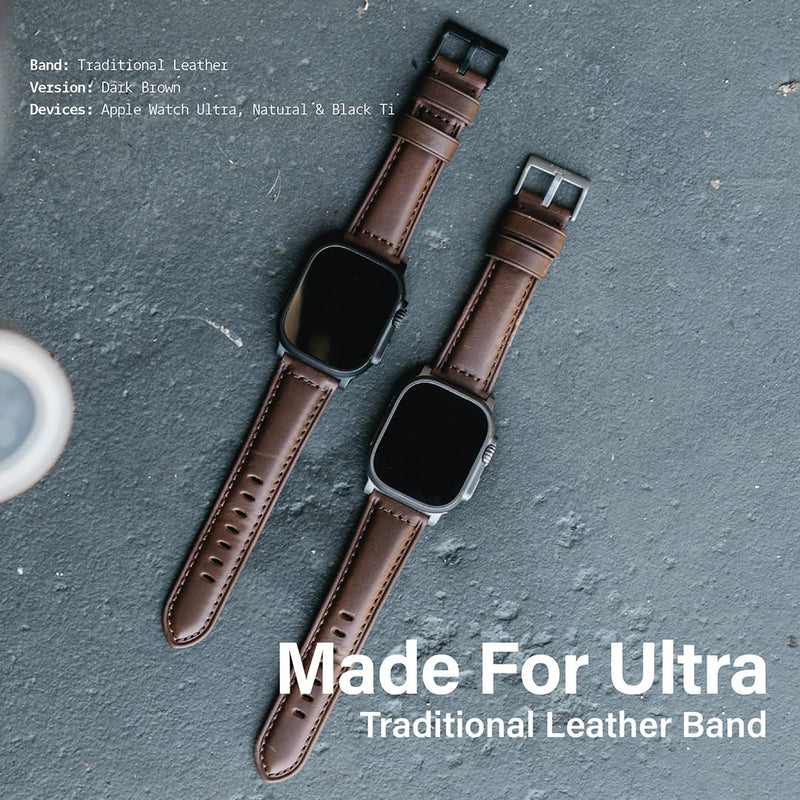 KORDIZ Traditional Leather Band for Apple Watch ULTRA 3, ULTRA 2/1 & Series 11, 10, 9, 8, 7-1, SE3, SE2, SE - Genuine Full Grain Leather Wristband - Men Women Replacement Band for iWatch Apple Watch [ 49mm 46mm 45mm 44mm ] ULTRA Silver 49mm | Dark Brown