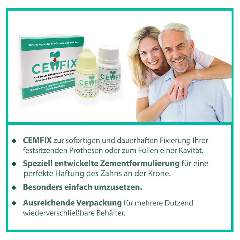 CEMFIX - For refixing dental crowns and bridges. The ideal solution for crowns, bridges, dental caries and lost fillings.