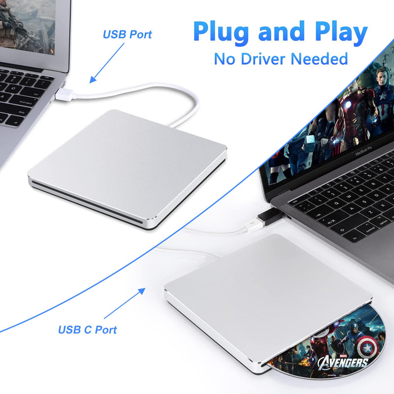 Guamar USB Superdrive for Apple Mac: Slim CD Burner Reader Aluminum Silver | Slot-in Portable DVD Player for MacBook Air/Pro/Neo,External CD/DVD Drive for Laptop PC Windows,USB C Adapter,Plug & Play Matte Silver
