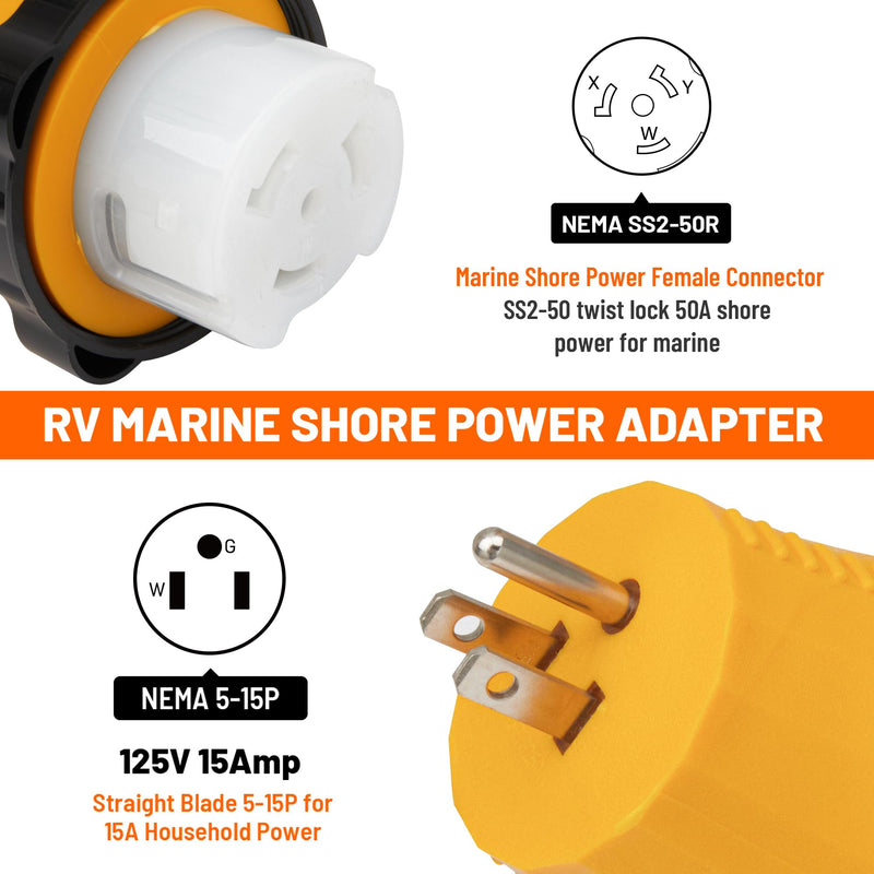MECMO 50 Amp to 15 Amp 110V RV Marine Adapter Plug, NEMA 5-15P to NEMA SS2-50R Twist Lock Adopter, 15A Male to 50A Female Electrical Locking RV Shore Power Adapter w/ Threaded Ring for RV Camper Boat