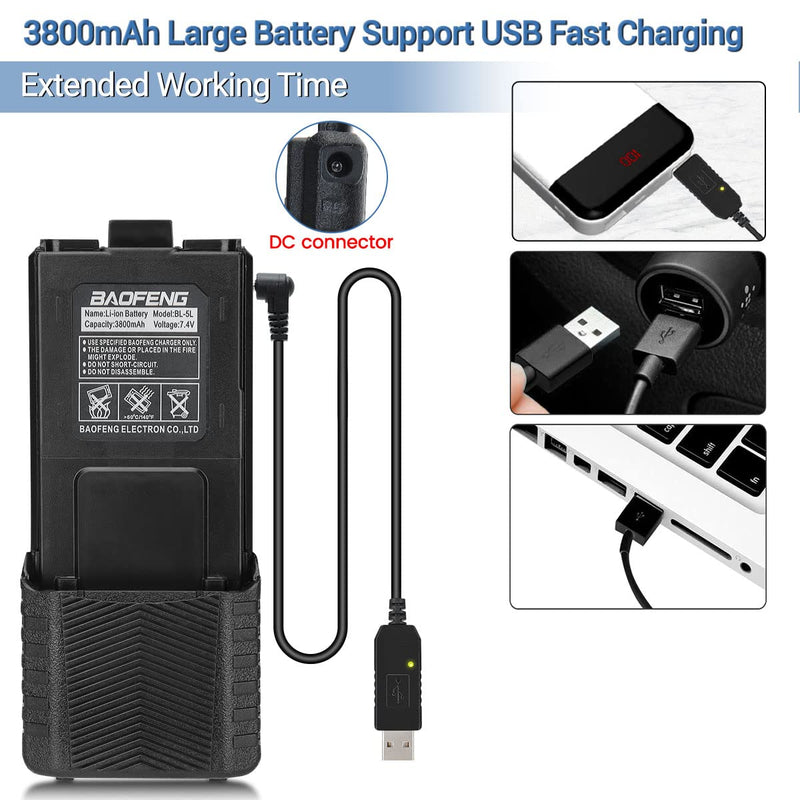BaoFeng UV-5R Radio 8W Ham Radio Handheld Long Range Two-Way Radio Rechargeable Walkie Talkies for Adults with 3800mAh Battery and USB Charger Cable Black-1Pack+ 18.8" Antenna