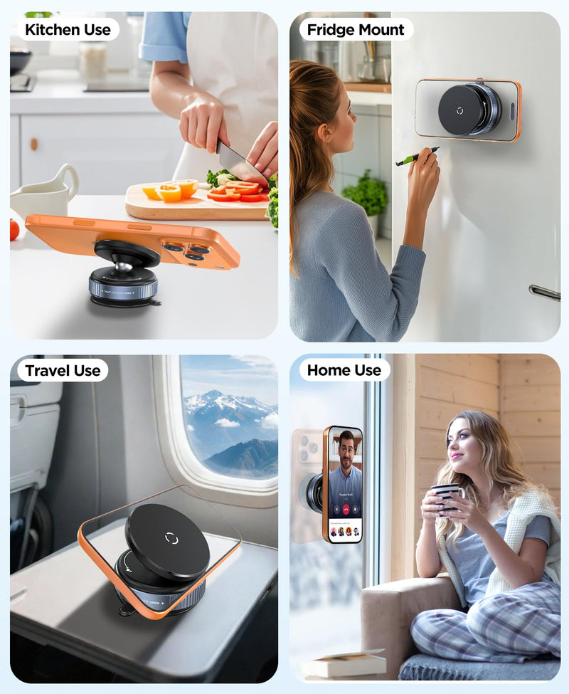 Beeasy Vacuum Magnetic Phone Holder, 360° Rotatable Suction Cup Phone Mount for Shower Mirror Kitchen Gym Car TikTok, MagSafe Suction Wall Mount for iPhone 17/16/15/14/13/12,Black Black