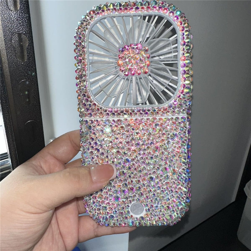 Customized Mixed Rhinestone Rechargeable Mini Handheld/Hanging Portable Usb Battery Operated 3000MA Power Bank Folding Personal Fan for Girls Camping Travelling Outside Indoor Office ab
