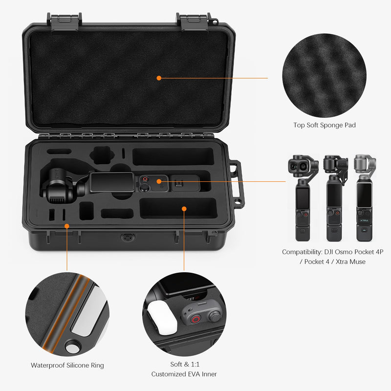 AMAZEAR Waterproof Hard Case Compatible with DJI OSMO Pocket 4P, Pocket4 Pro Creator Combo Accessories Small Hard Shell Cover Travel Hardcase for Carrying, Protection, Storage, Organization, Black