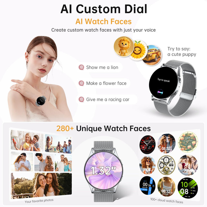 Smart Watch for Women, 1.32" AMOLED Smartwatch with AI Voice Assistant & Translator, Fitness Tracker with Heart Rate Sleep SpO2 Monitor, Bluetooth Call, 153 Sports, IP68, iOS Android Silver