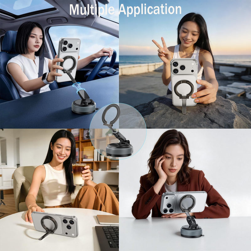 2-IN-1 Magnetic Car Phone Holder for Magsafe Phone Holders for Car-Gray | Vacuum Suction 360°Rotation Detachable Cell Phone Car Mount Compatible with iPhone12-17Series MagSafe Accessories Gray