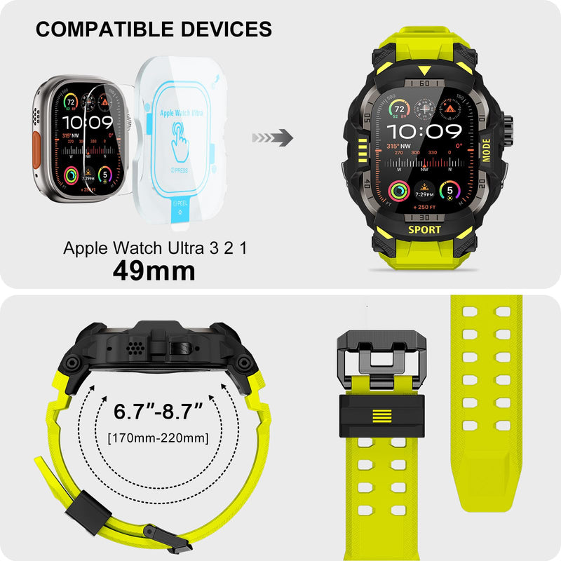 DABAOZA Rugged Case with Band Men Tactical Compatible with Apple Watch 49mm | Screen Protector Military Grade Shockproof Bumper Men Tactical Heavy Duty Strap,for iWatch Ultra 3/2/1,Fluorescent Green 49MM Fluorescent Green
