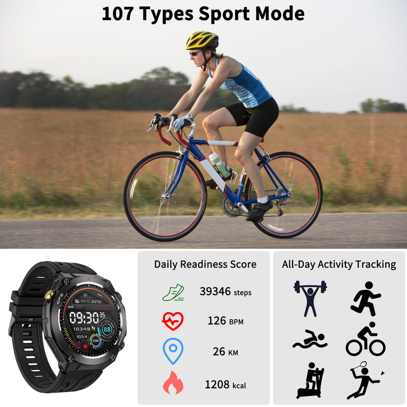 Military Smart Watch with GPS, Pressure/Altitude/Compass, Rugged Smartwatch for Men with 650mAh Extra-Large Battery, Answer/Make Call, 100+ Sports Mode, Metal Body Fitness Tracker for Android iOS