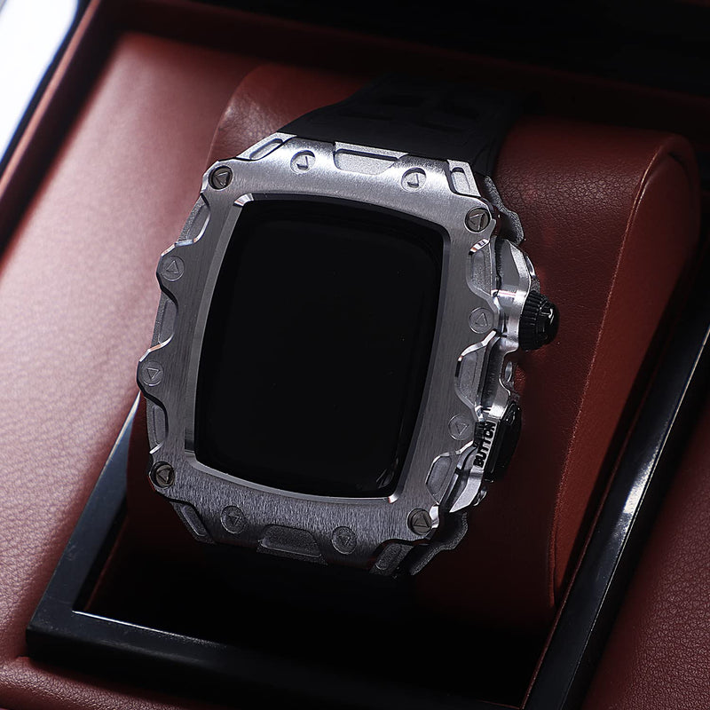 Luxury Rugged Case with Band Compatible for Apple Watch Series 9 8 7 45mm / SE 6 5 4 44mm, Metal Alloy Military Protective Bumper Cover, Tactical Heavy Duty Full Body Protection for Men iWatch Silver Black