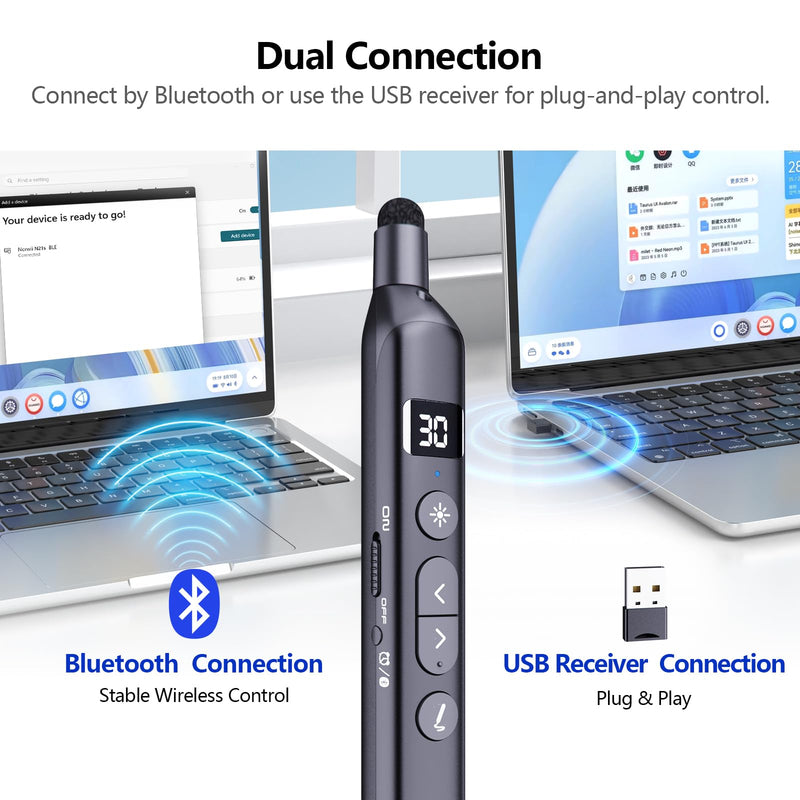 N21 Bluetooth Presentation Clicker for PowerPoint with Retractable Pointer | ①Laser Pointer②Telescopic touch pen③Countdown timer, vibration alert ④Customizable Button ⑤Rechargeable;battery level display Black - Green Pointer