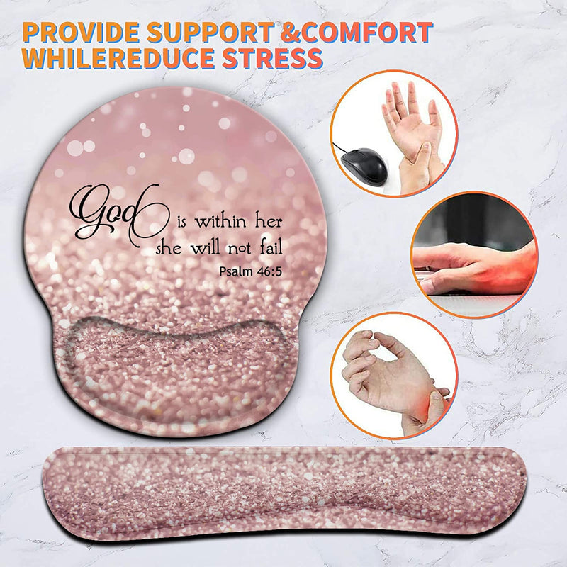 Ergonomic Mouse Pad Wrist Support Gel and Keyboard Wrist Rest Set for Laptop, Mac, Gaming and Office, Durable, Comfortable and Pain Relief + Coaster , Psalm 46:5 God is Within Her,She Will Not Fall