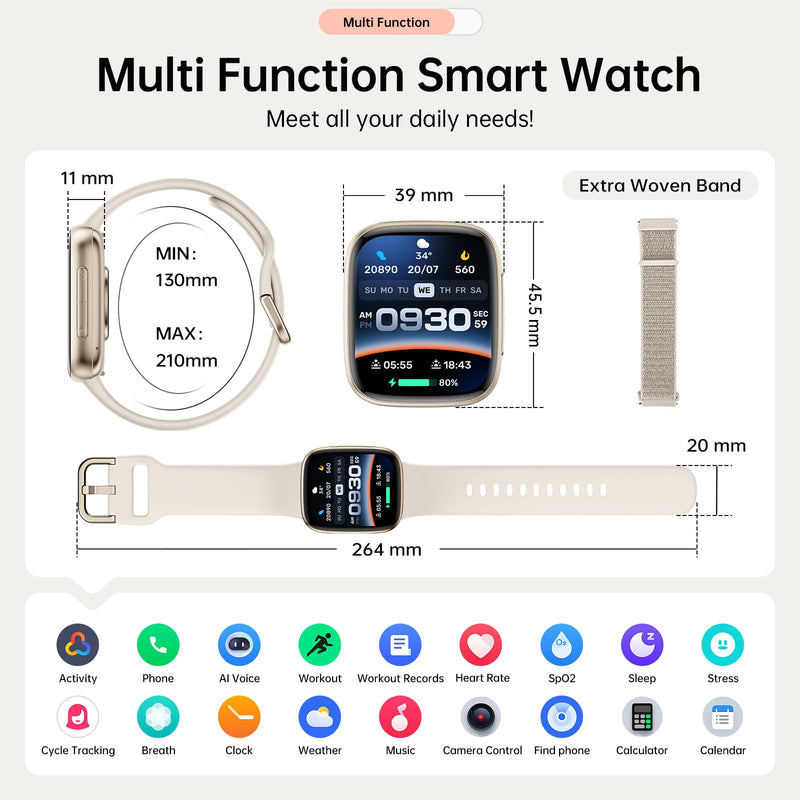 Smart Watches for Women Men, 1.85" HD AMOLED Smart Watch for Android iPhone, 3ATM Waterproof, Bluetooth Calls/Messages, SpO2/Heart Rate Monitor, Sleep Tracker, 120+ Sports Modes Fitness Watch, 2 Bands Beige