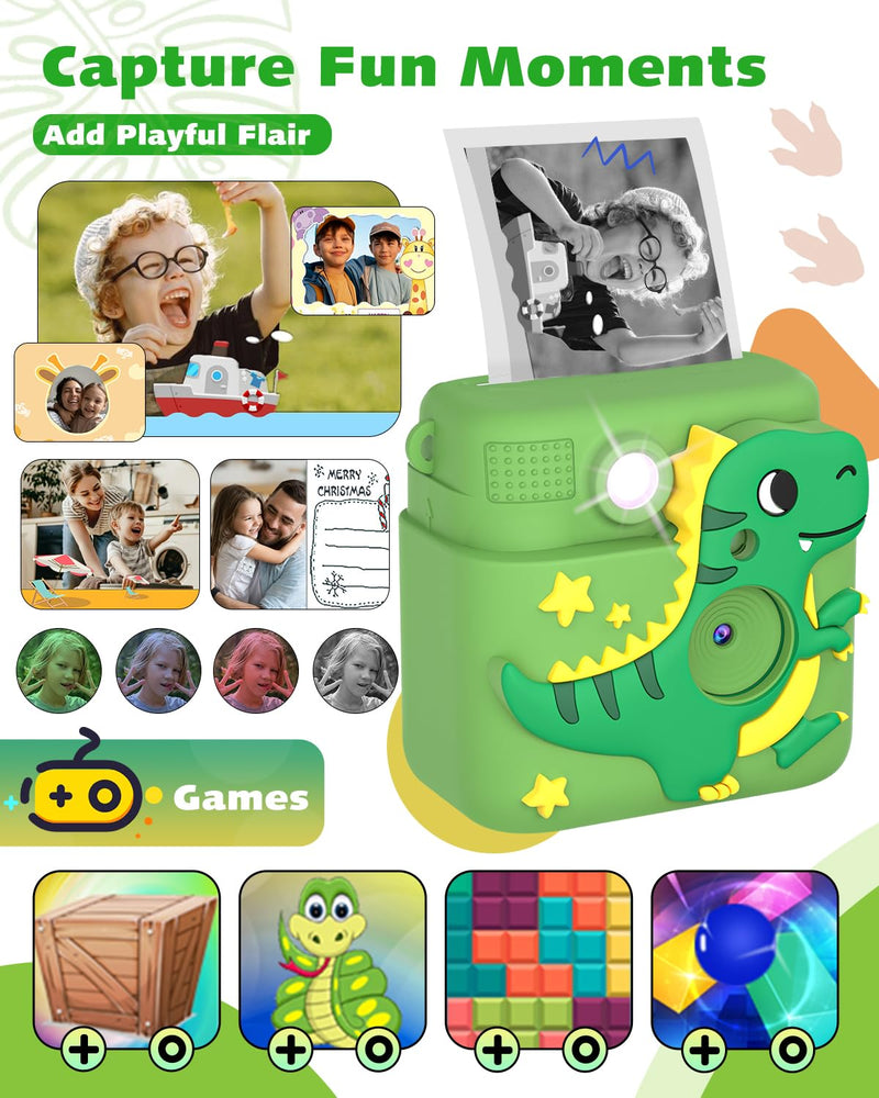 Instant Print Kids Camera,1080P HD Video Record Kids Camera Dinosaur Toys for Boys Age 8-10, Christmas Birthday Gifts for Boys 3 4 5 6 7 8 9 10 Year Old with 3 Rolls Photo Paper and 32G Card Green