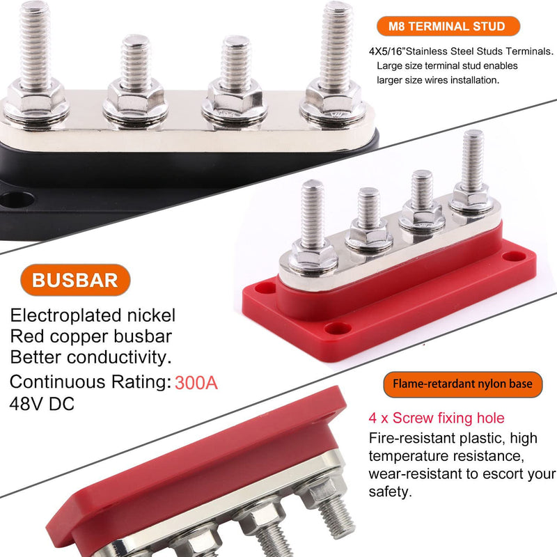 Bus Bar Copper 12V 300A Power Distribution Blocks 4X 5/16" (M8) Terminals Studs 12 Volt Marine Bus Bar Positive & Negative for Car Boat RV Automotive PV Solar System, Red& Black 2 Pack 300A 4X5/16"( M8) Black&Red