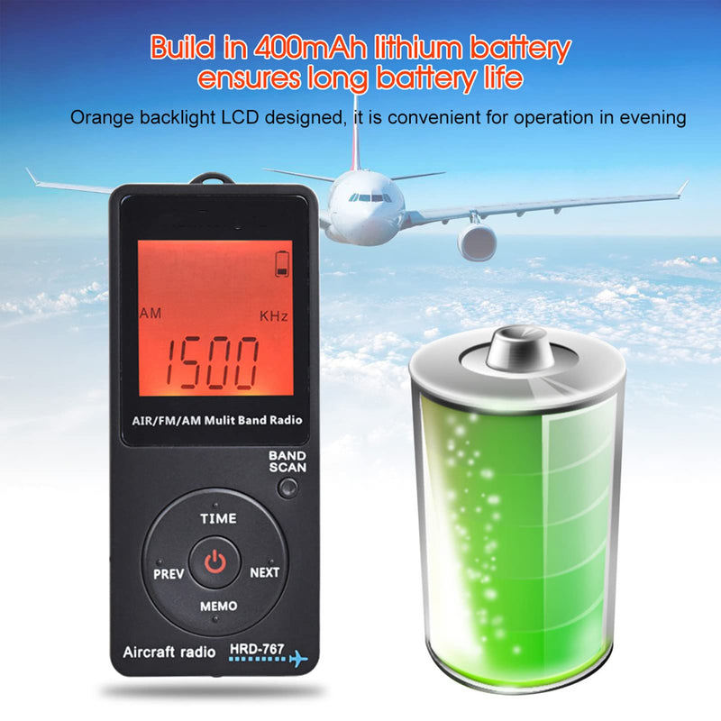 [AUSTRALIA] - Mini Aviation Band Radio Built in 400MAH Lithium Battery, FM AM AIR Radio with Earphone, Orange Backlight LCD Dispaly, Support Automatic Storage and Search 