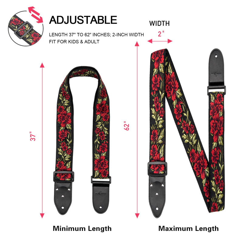 Adjustable Guitar Strap for Electric/Acoustic Guitar/Bass, Includes 2 Picks + Strap Locks + Strap Button, Cotton Jacquard Embroidered Genuine leather Ends Guitar Straps with 1 Pick Holder, Rose Rose&strap Button