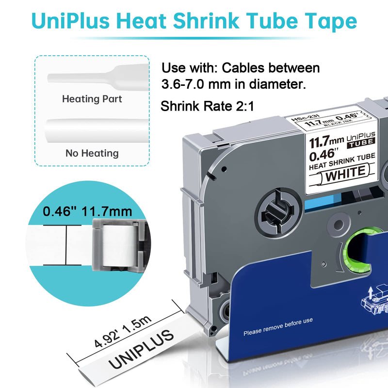 UniPlus 3 x Compatible Heat Shrink Tube Replacement for Brother Hse-231 Hse231 Label Tape for Brother PT H500 E300VP E500 E550WVP P750WVP P700 E30011, 11.7 mm x 1.5 m, Black on White 11.7mm