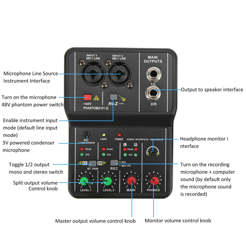 2 Channel Mixer, USB Audio Mixer, USB 48V Power Compact Sound Mixing Console for Music Recording Home Karaoke Internet Karaoke