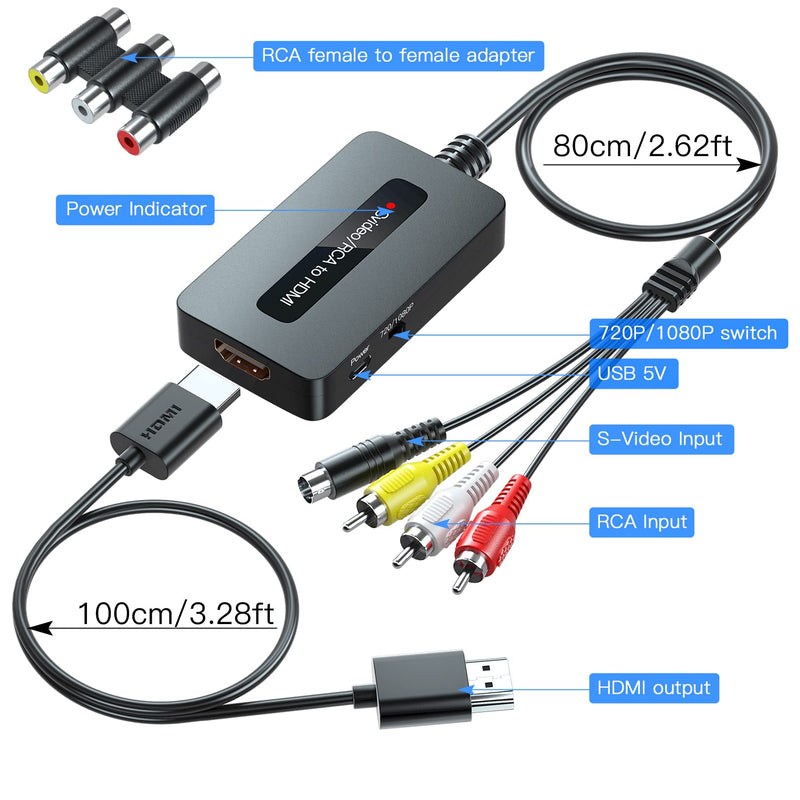 RCA Svideo to HDMI Converter with HDMI Cable(RCA and Svideo Integrated), RCA S-Video HDMI Converter, CVBS Composite AV to HDMI Converter